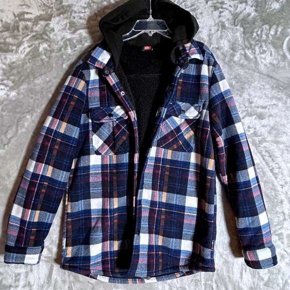 Other - Quiksilver Men Hooded Flannel Shirt Jacket Blue Plaid Sherpa Lined Small Shacket